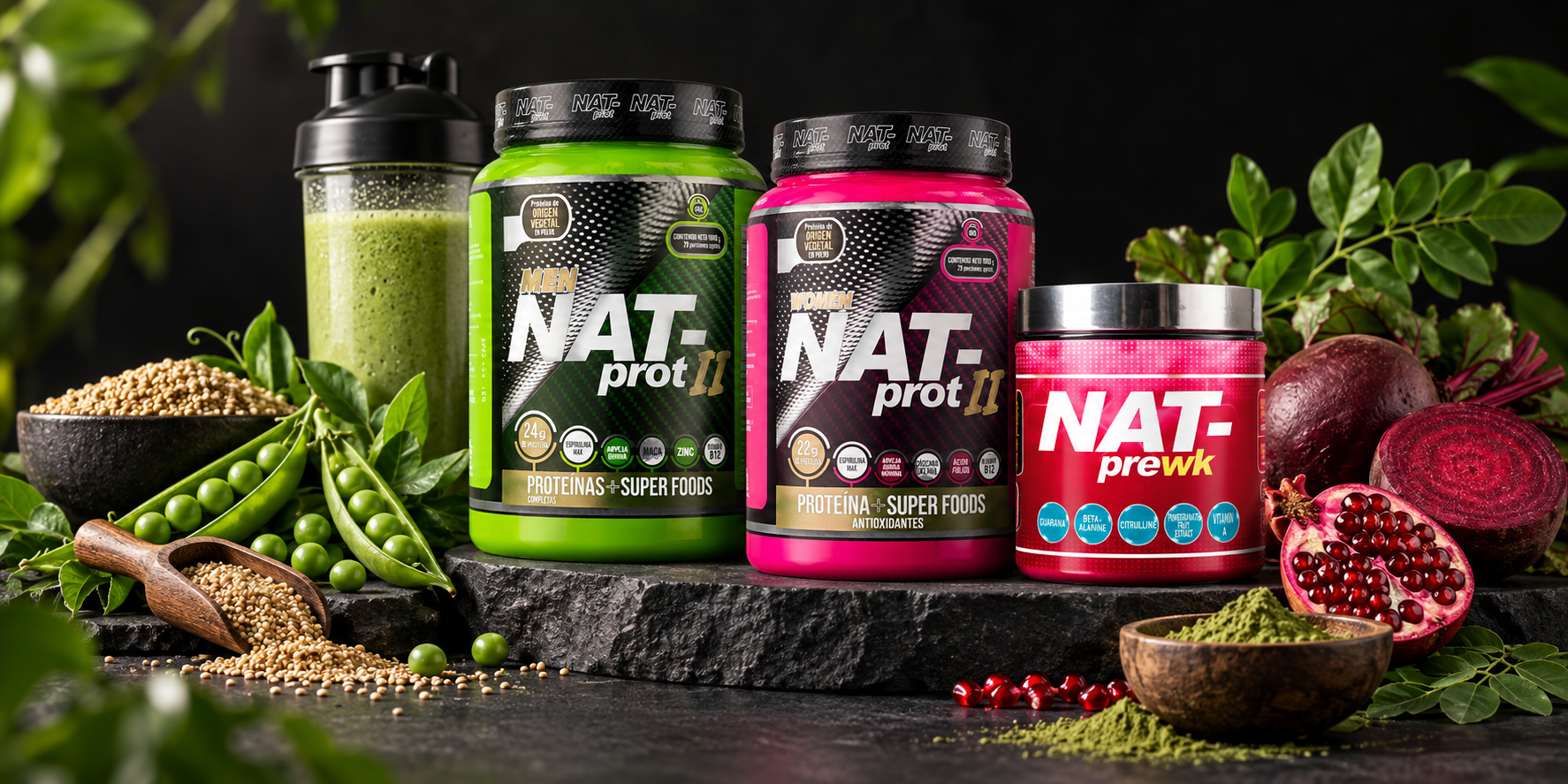 NAT-PROT MEN, WOMEN, and NAT-PREWK displayed with plant-based ingredients