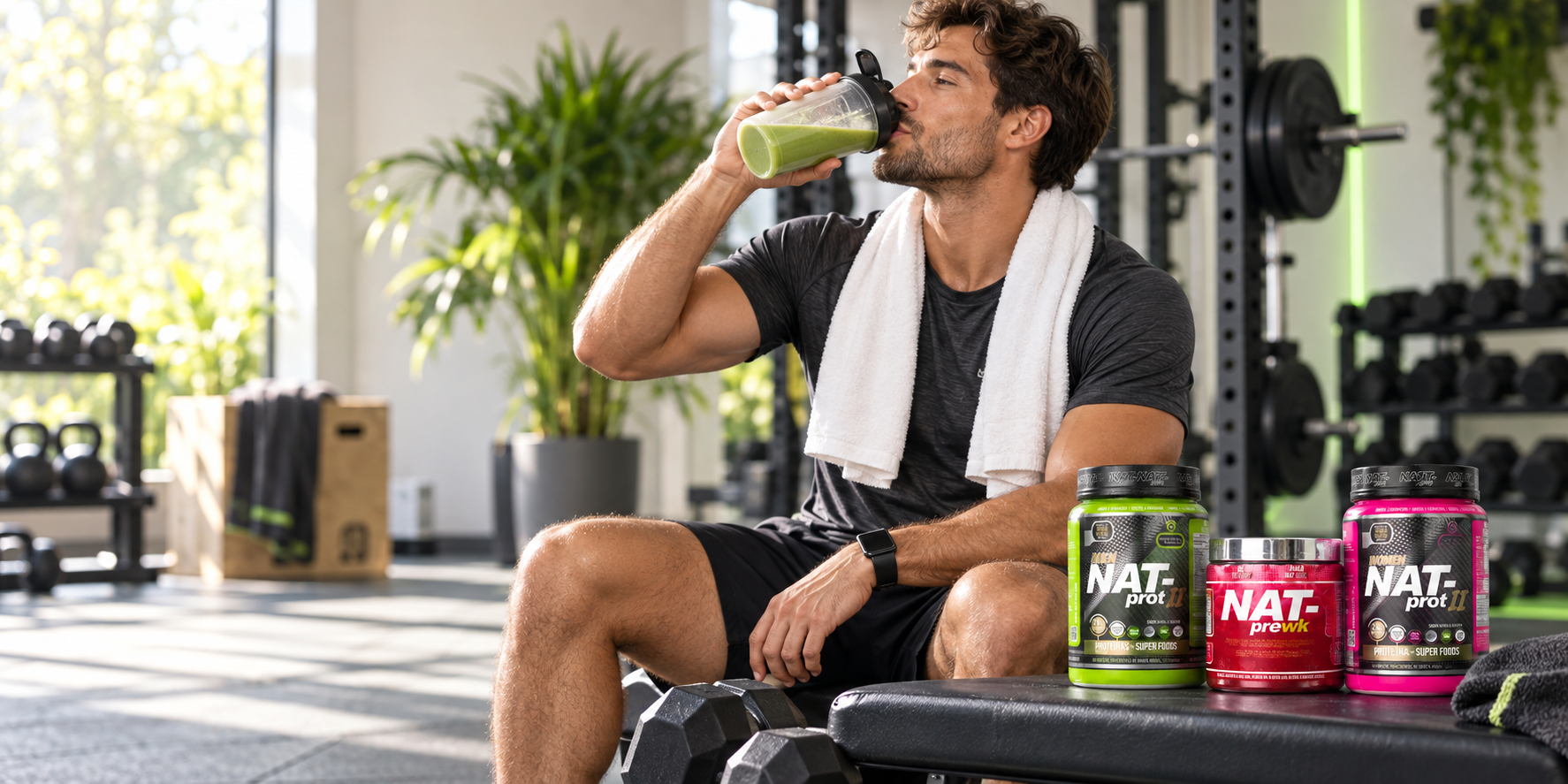 Active man enjoying a plant-based shake beside the NAT-PROT collection