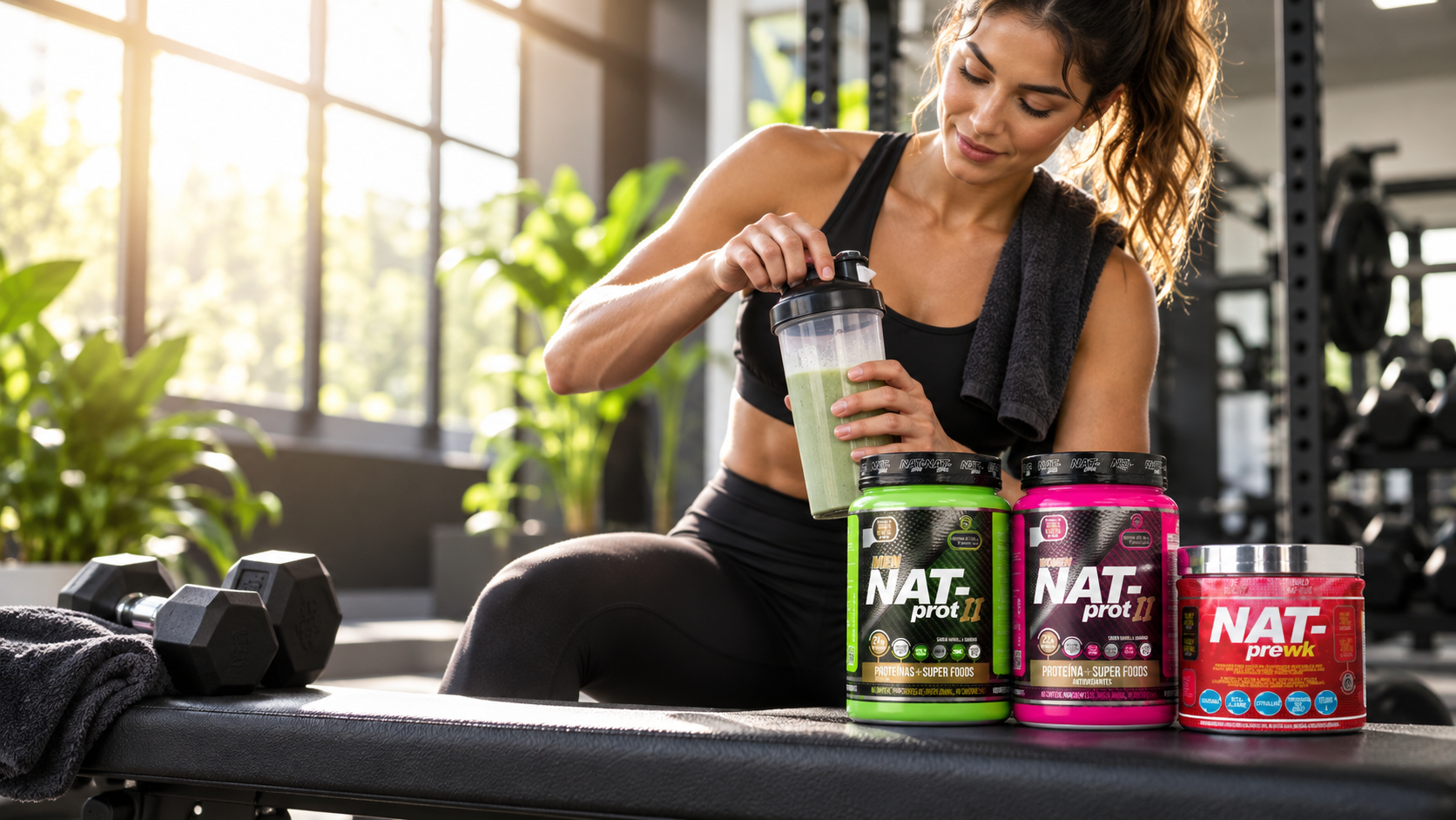Active woman preparing a plant-based shake beside NAT-PROT products